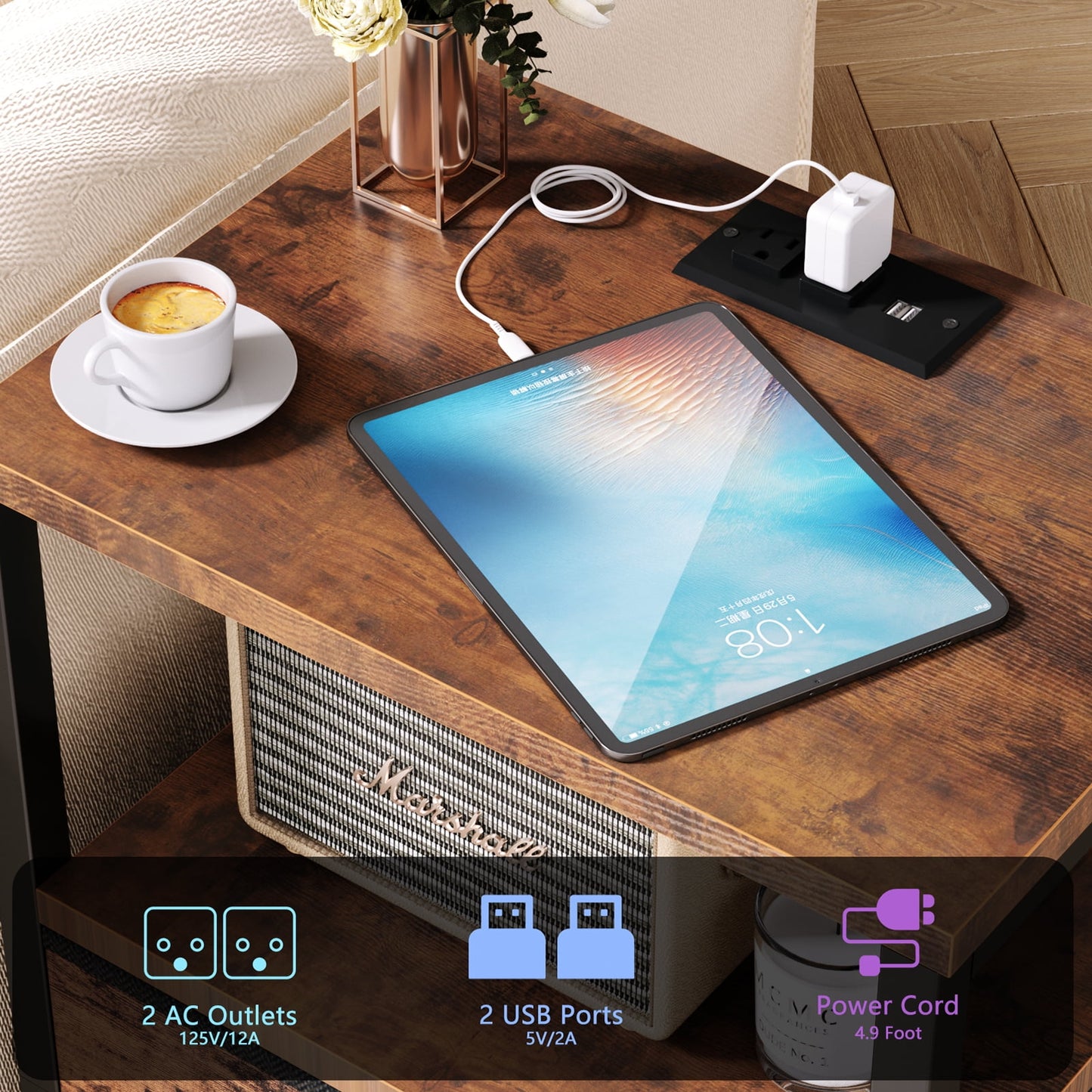 Satifur Bedside Table with Charging Station,LED Nightstand with 2 Fabric Drawers,Rustic Brown