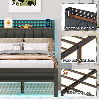 Hexmn Twin Size Metal Smart Bed Frame with Upholstered Headboard, LED Lights, USB Ports and Outlets, Storage Shelves & Underbed