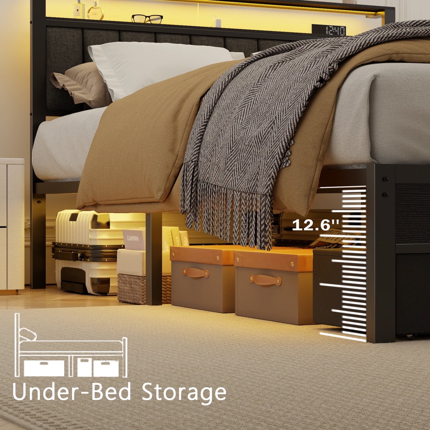 Hexmn Queen Bed Frame with Upholstered Storage Headboard & 2 Drawers, Platform Metal Bed with 2 USB Ports and Outlets, Under-bed Storage and Noise Free Design