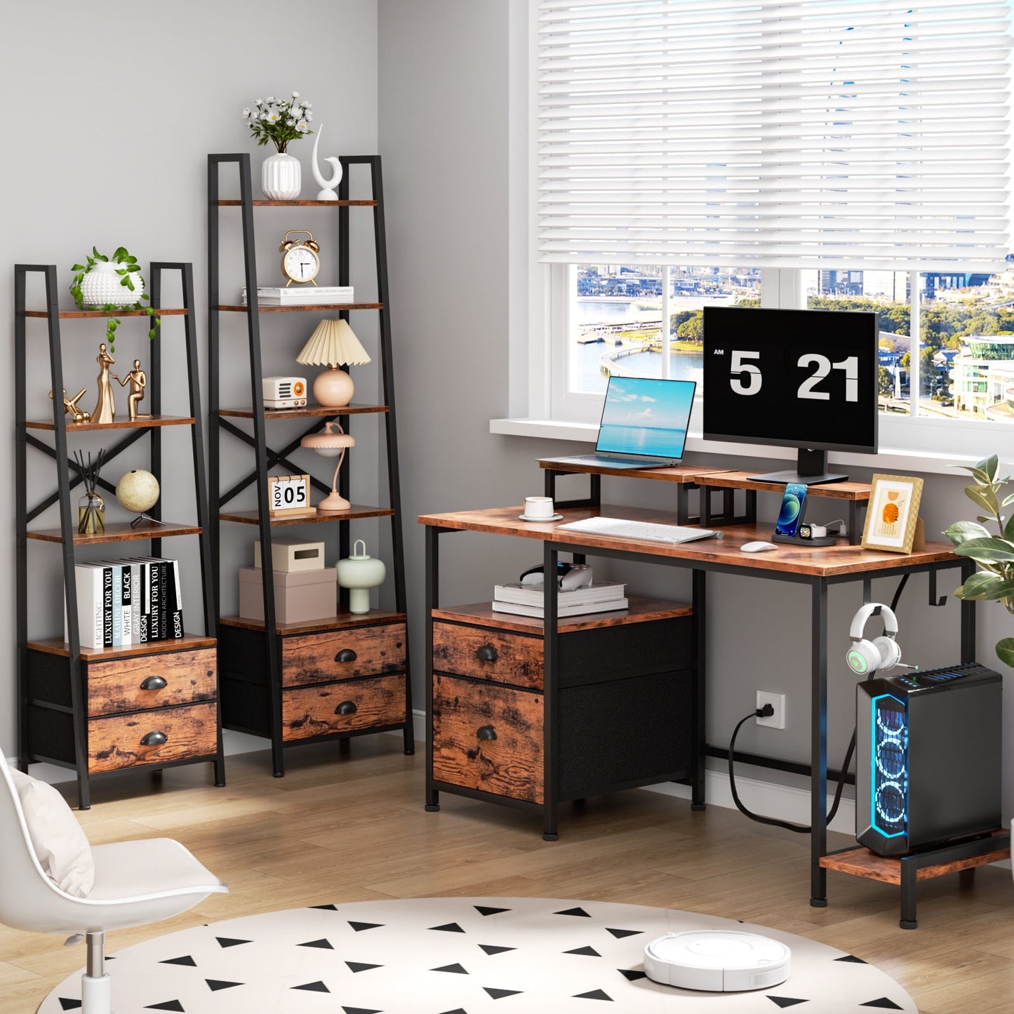 Satifur Office Desk with Drawers & Charging Station, Gaming Desk with Movable Monitor Stands, Corner Desk with Storage Shelves & File Cabinet, Rustic Brown
