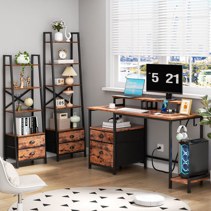 Satifur Office Desk with Drawers & Charging Station, Gaming Desk with Movable Monitor Stands, Corner Desk with Storage Shelves & File Cabinet, Rustic Brown