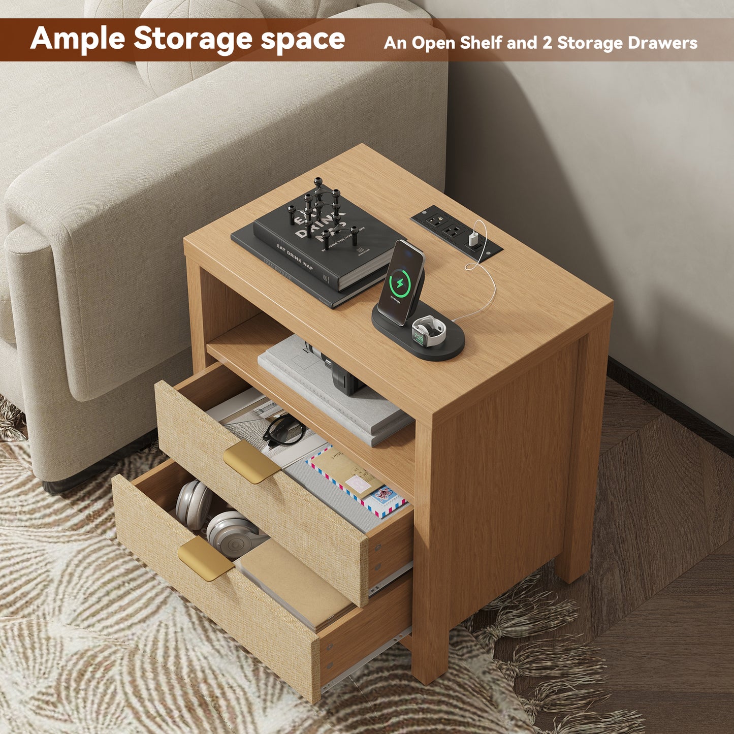 Satifur Nightstand Set of 2 with Rattan Style Finish & Charging Station, 2-Drawer Bedside Table with Open Shelf, for Bedroom Living Room, Natural Oak