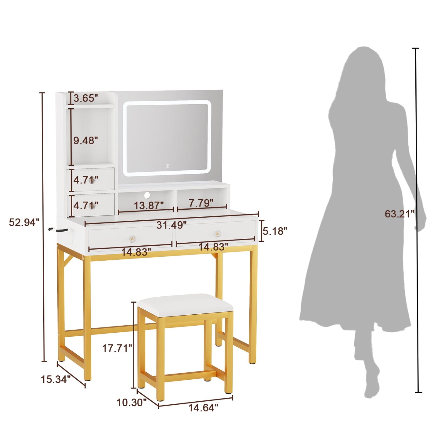 Hexmn white makeup Vanity Set with mirror and lights, USB dressing tables with drawers storage for adult women girls