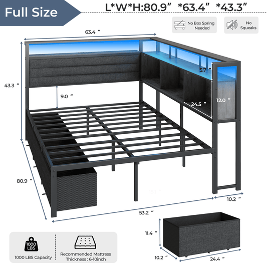 Tydimor L-Shaped Corner Bed Frame with 3 Storage Drawers, 3 Cubbies & Double-Layer Shelf, LED Lights & Power Outlet, Corner Full Beds for Living Room, Bedroom and Guest, Grey Oak