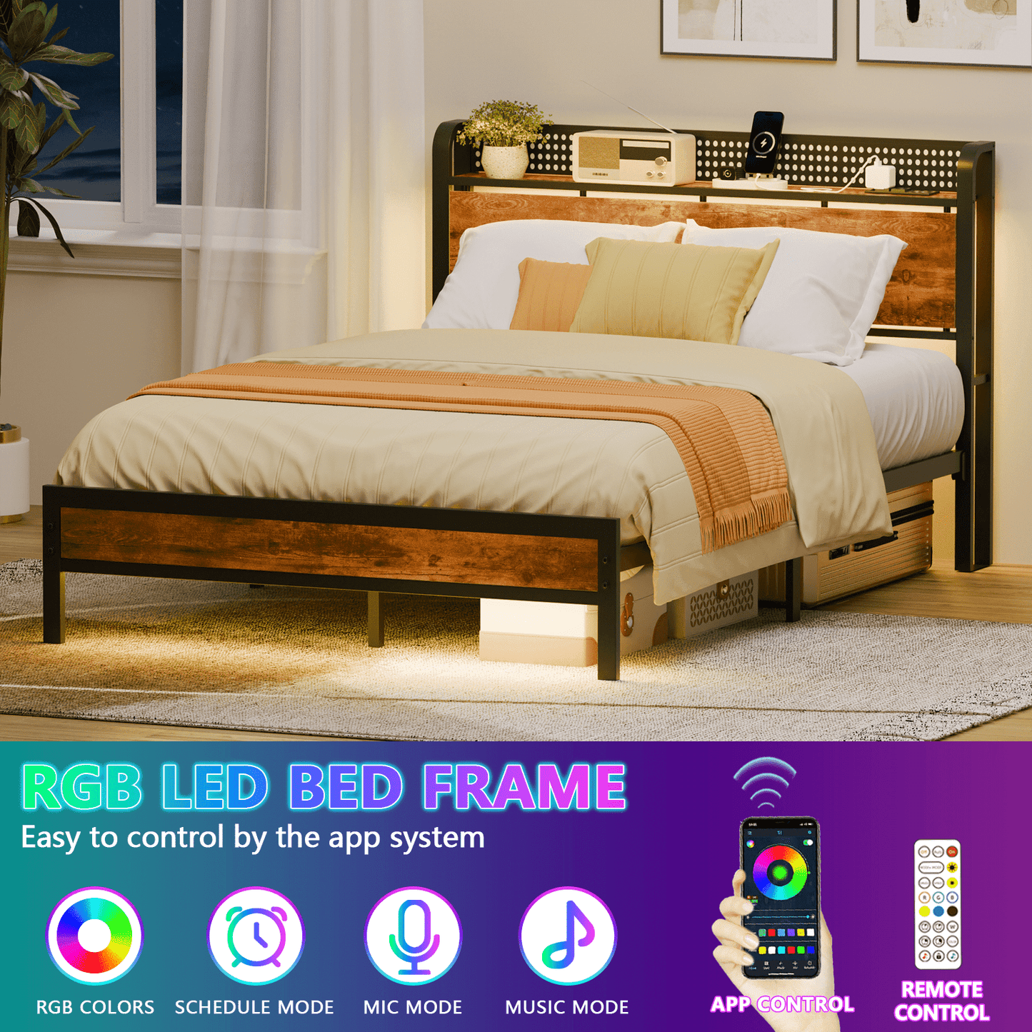 Hexmn Full RGB LED Strip Platforrm Bed Frames with Headboard Metal, Storage Shelves & Underbed, Niose Free, No Box Spring Needed