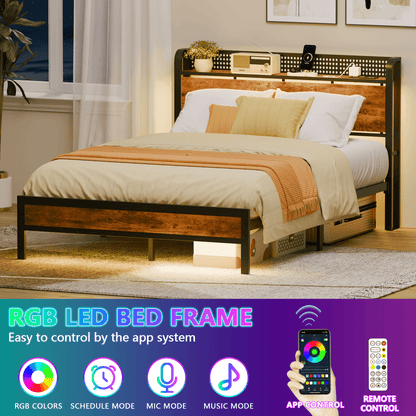 Hexmn Full RGB LED Strip Platforrm Bed Frames with Headboard Metal, Storage Shelves & Underbed, Niose Free, No Box Spring Needed