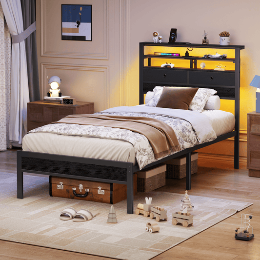 Tydimor Twin Size Bed Frame with 2 Storage Drawers Headboard, LED & Charging Station, Black oack