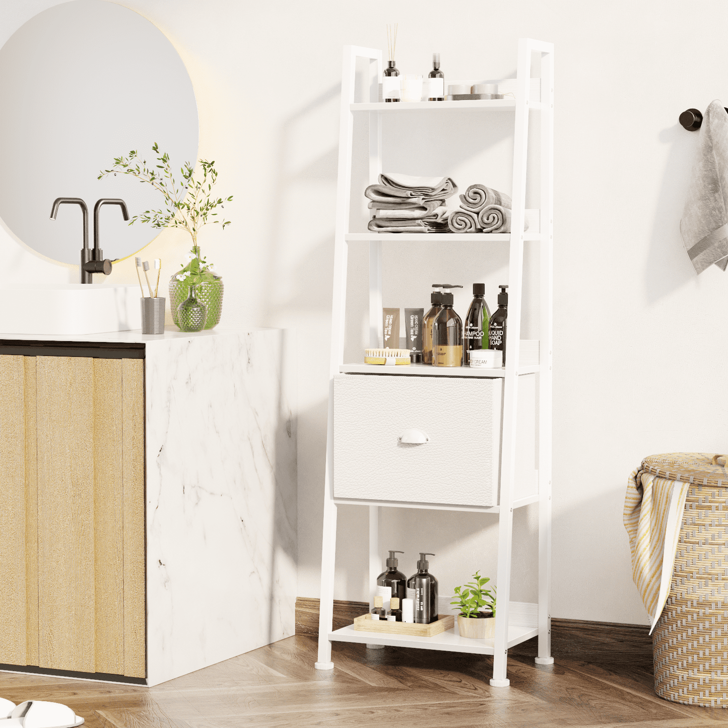 Tydimor 5-Tier Ladder Bookshelf With Drawer, Leaning Bookcase Storage Display Shelf, White