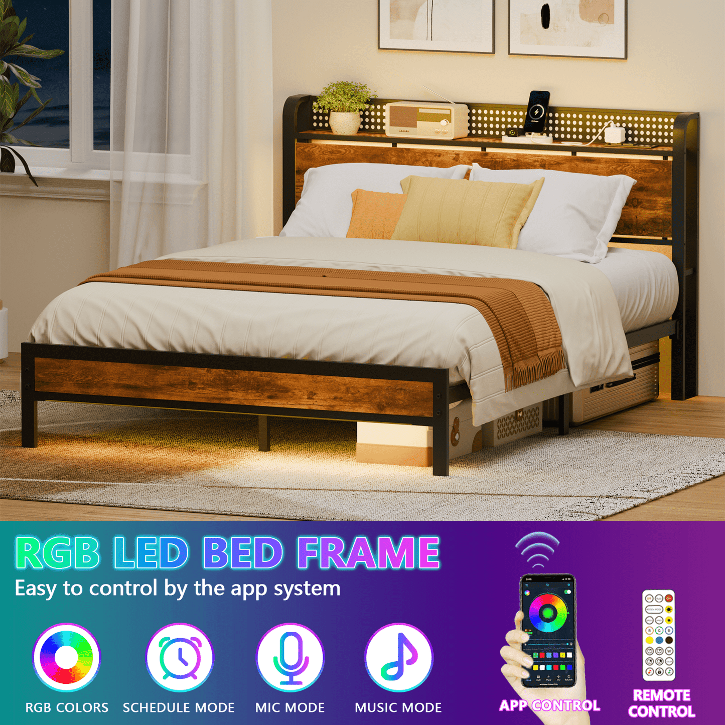 Hexmn Queen RGB LED Strip Platforrm Bed Frames with Headboard Metal, Storage Shelves & Underbed, Niose Free, No Box Spring Needed
