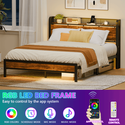 Hexmn Queen RGB LED Strip Platforrm Bed Frames with Headboard Metal, Storage Shelves & Underbed, Niose Free, No Box Spring Needed