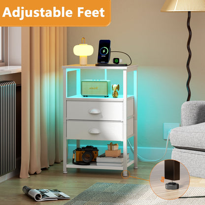 Satifur Side Table with Light, Charging Station, White Nighstand for Bedroom, Living Room