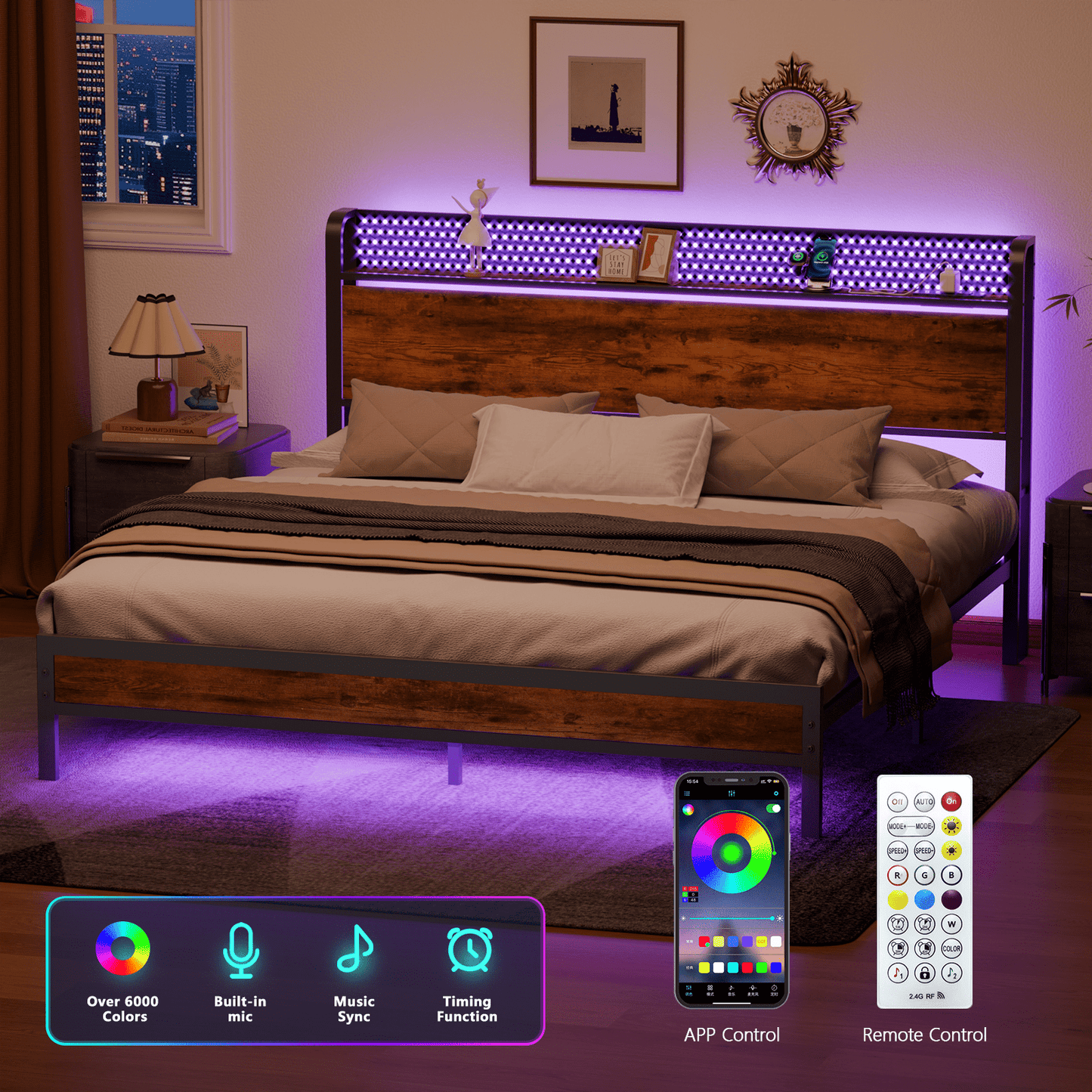 Tydimor Queen RGB LED Strip Platforrm Bed Frames with Headboard Metal, Storage Shelves & Underbed, Niose Free, No Box Spring Needed
