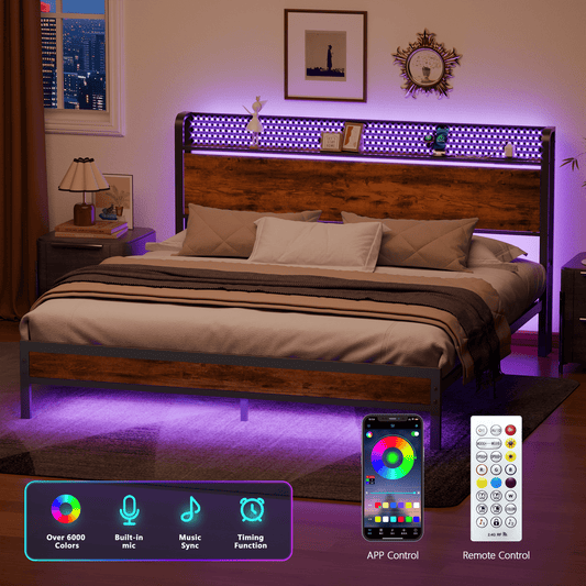 Tydimor Queen RGB LED Strip Platforrm Bed Frames with Headboard Metal, Storage Shelves & Underbed, Niose Free, No Box Spring Needed