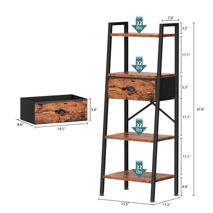 Tydimor 4-Tier 47.6"H Ladder Bookshelf with Removable Drawers Narrow Bookcase for Living Room,Rustic Brown