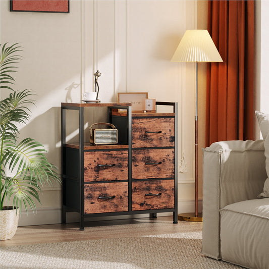 TYDIMOR 5 Drawer Fabric Dresser for Bedroom, Rustic Brown Chest for Closet & Living Room, Ideal for Adults