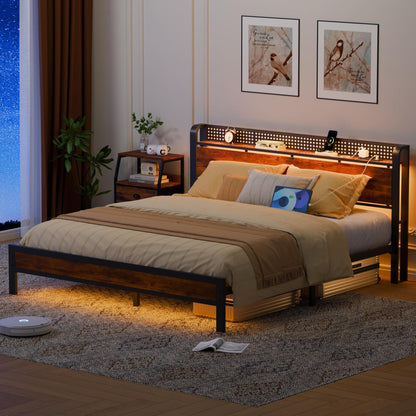 Tydimor Queen RGB LED Strip Platforrm Bed Frames with Headboard Metal, Storage Shelves & Underbed, Niose Free, No Box Spring Needed