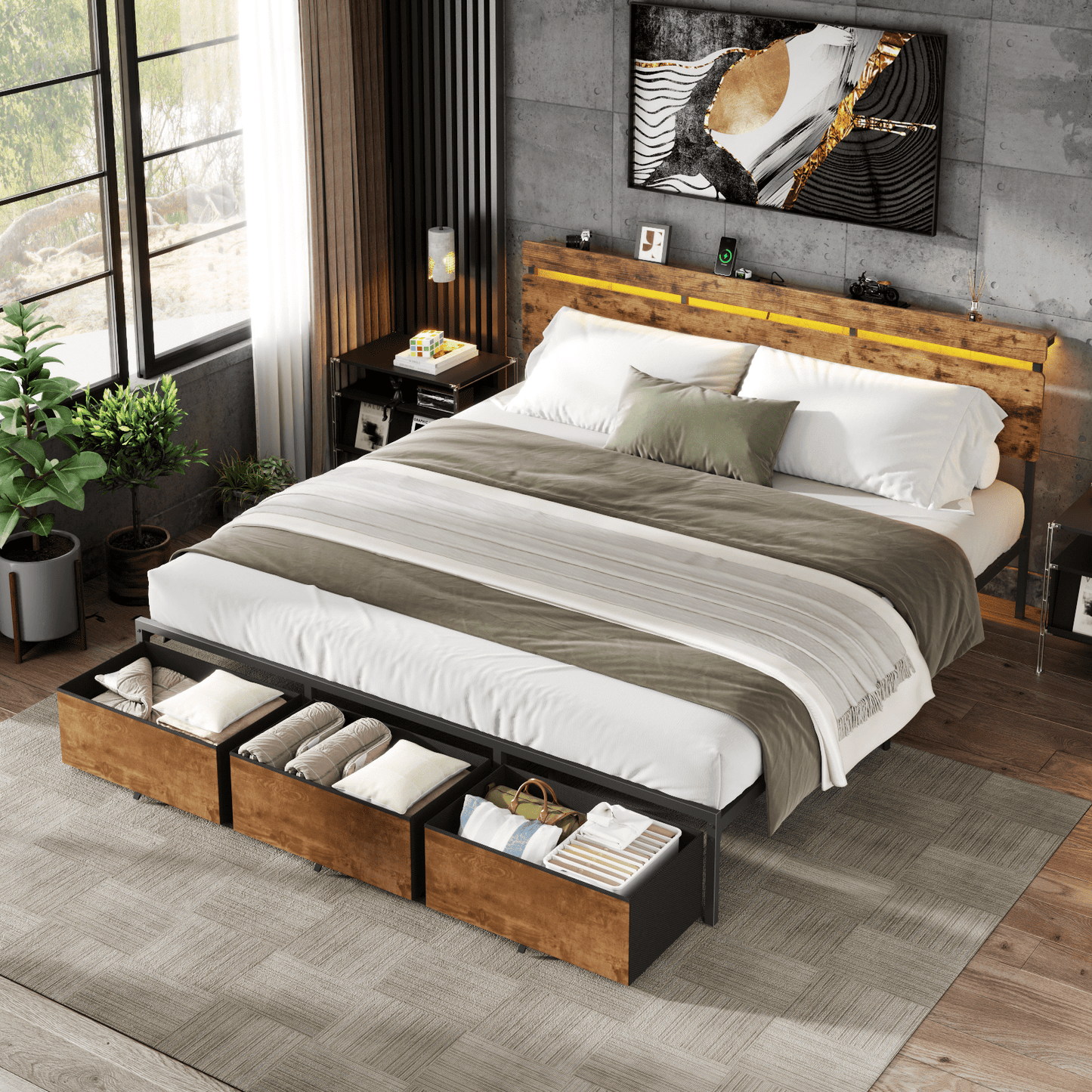 Tydimor King Size Bed Frame with 3 Drawers & LED Lights & Charging Station, Beds with Headboard & 10.10" Under Bed Storage, No Box Spring Needed, Easy Assembly, Rustic Brown