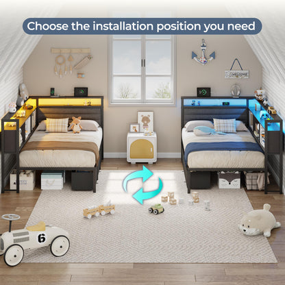 Satifur L-Shaped Corner Bed Frame with 3 Storage Drawers, 3 Cubbies & Double-Layer Shelf, LED Lights & Power Outlet, Corner Twin Beds for Living Room, Bedroom and Guest, Black