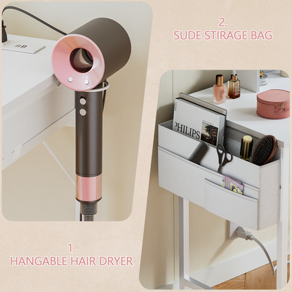 Satifur Vanity Desk with Mirror & Lights, GRWM Vanity with Drawers & Storage Shelves, Makeup Dressing Table with Stool & Charging, White