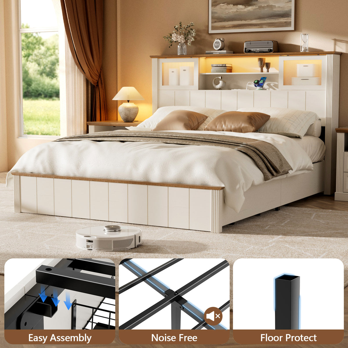 Satifur Metal Platform Bed Frame with Storage Drawers & RGB LED Strip Light, Built‑in Charging Station, No Box Spring Needed, White & Walnut Brown