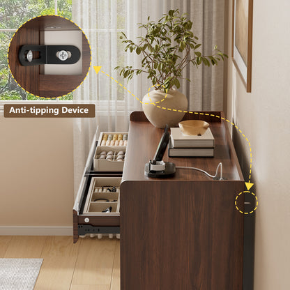 Satifur 6-Drawer Dresser with Charging Station & LED Lights, Modern Wooden Storage Cabinet & Chest of Drawers for Bedroom and Living Room, American Walnut