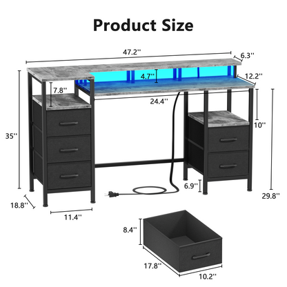 Satifur Gaming Desk with LED Lights & Power Outlets, 47" Computer Desk with 5 Fabric Drawers & Open Storage, Reversible Home Office Desk,Grey