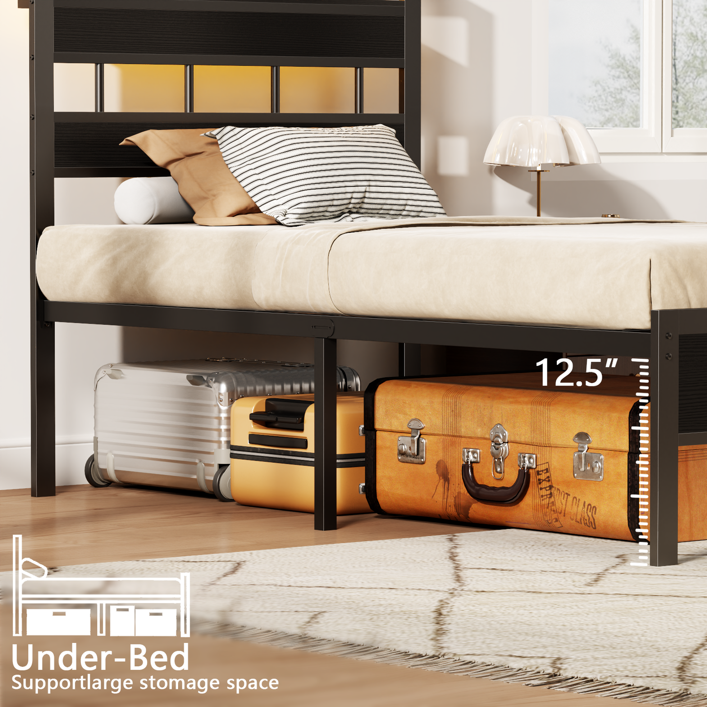 Satifur Twin Size Bed Frame with Storage Headboard and LED Light, Platform Bed with Metal Slats, Noise Free Design