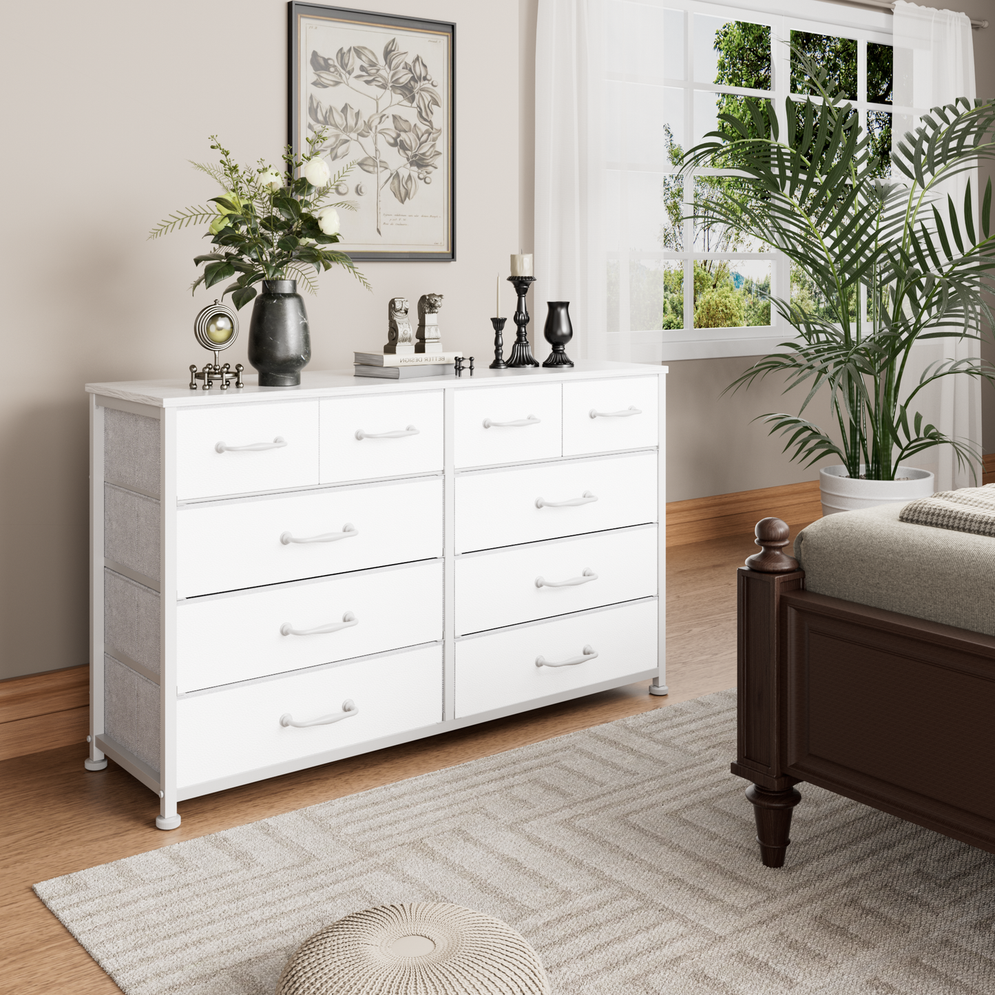 Tydimor Fabric Storage Dresser with 10 Drawers for Bedroom, Modern Wide Chest for Living Room, White