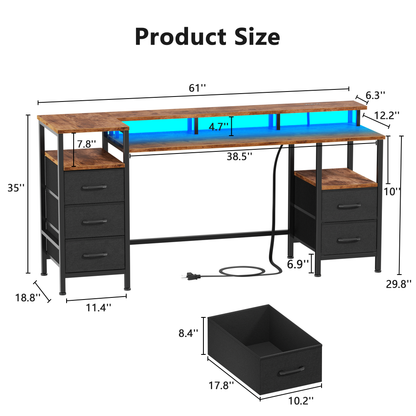 Satifur Gaming Desk with LED Lights & Power Outlets, 61" Computer Desk with 5 Fabric Drawers & Open Storage, Reversible Home Office Desk,Retro Brown