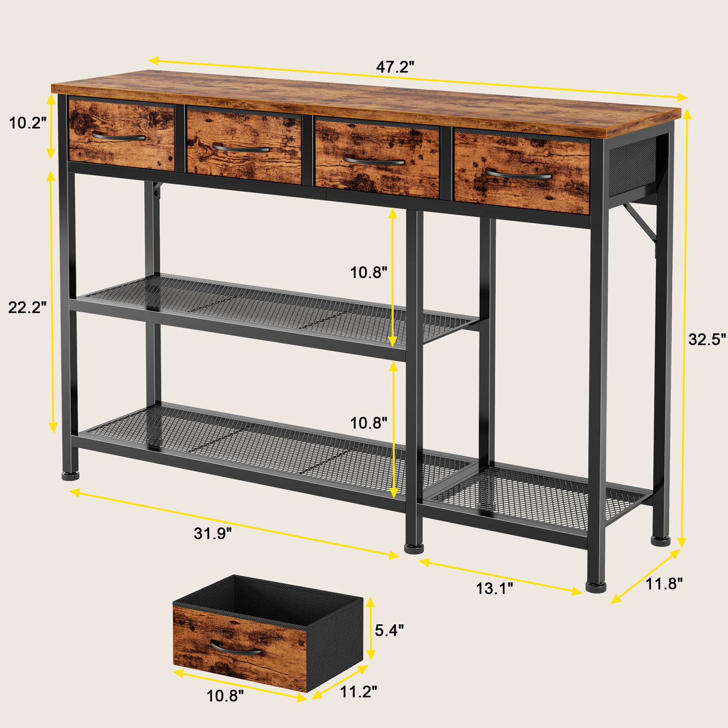 Satifur 47" Entryway Table with 4 Fabric Drawers, Console Table Metal Frame Sofa Table with 3 Shelves for Living Room and Hallway, Rustic Brown