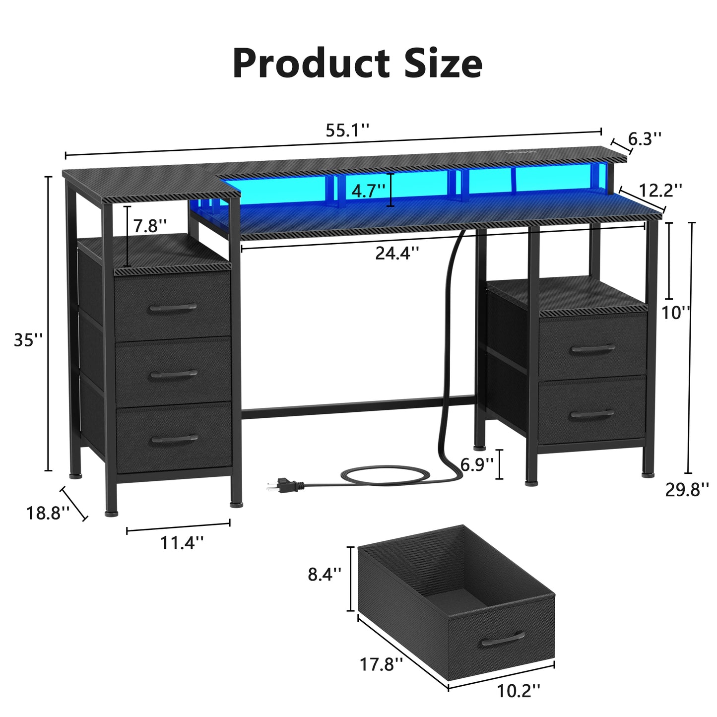Satifur Gaming Desk with LED Lights & Power Outlets, 55" Computer Desk with 5 Fabric Drawers & Open Storage, Reversible Home Office Desk,Carbon Fiber Black