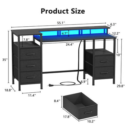 Satifur Gaming Desk with LED Lights & Power Outlets, 55" Computer Desk with 5 Fabric Drawers & Open Storage, Reversible Home Office Desk,Carbon Fiber Black
