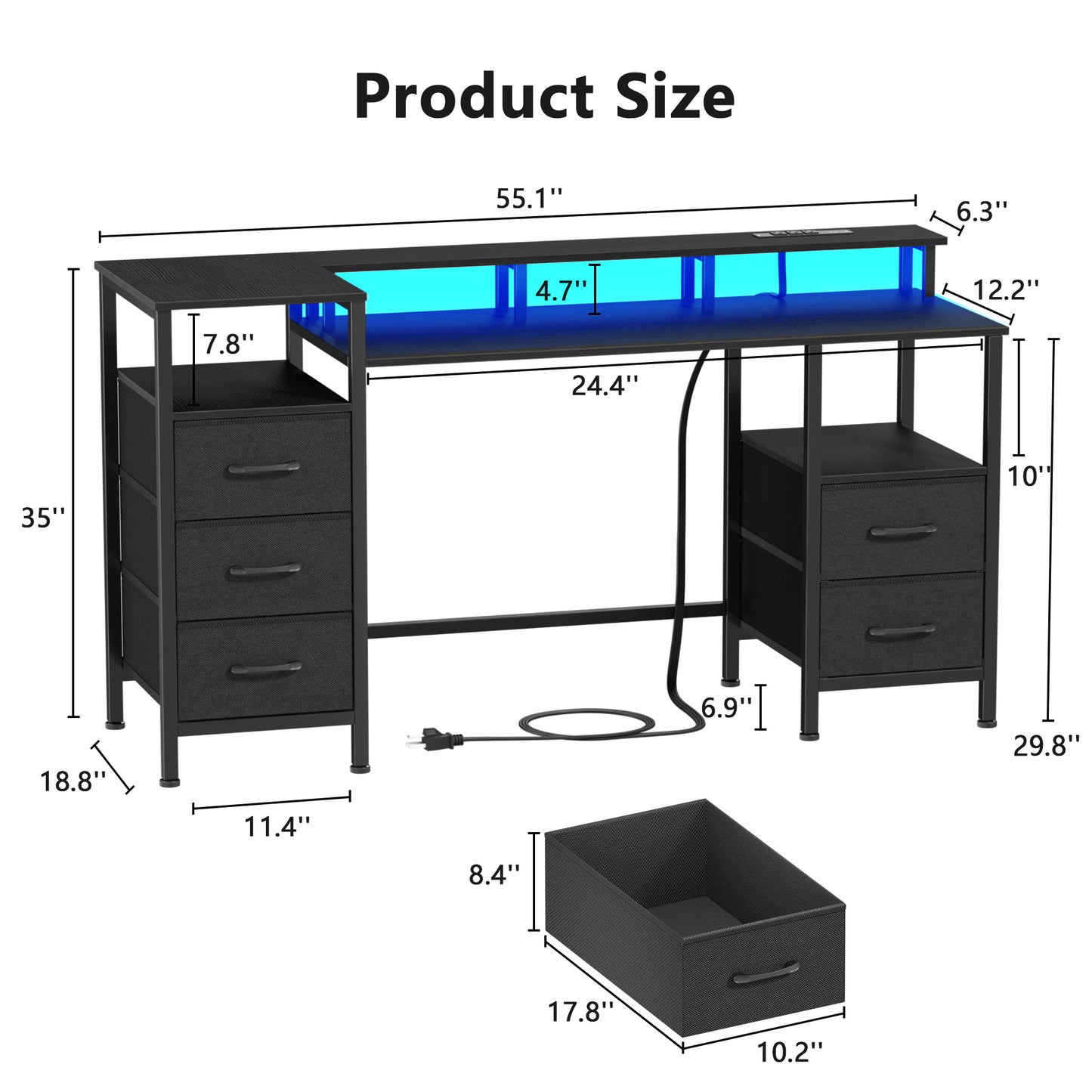 Satifur Gaming Desk with LED Lights & Power Outlets, 55" Computer Desk with 5 Fabric Drawers & Open Storage, Reversible Home Office Desk,Black
