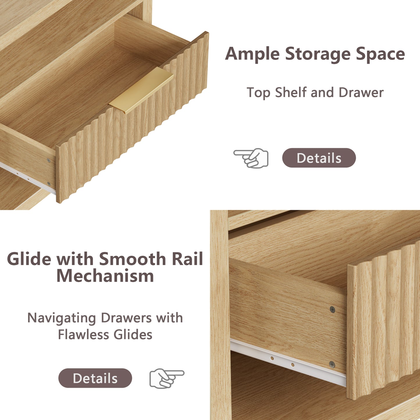 Satifur Set of 2 Fluted Nightstand with Charging Station Storage Drawer, End Table with Open Shelf