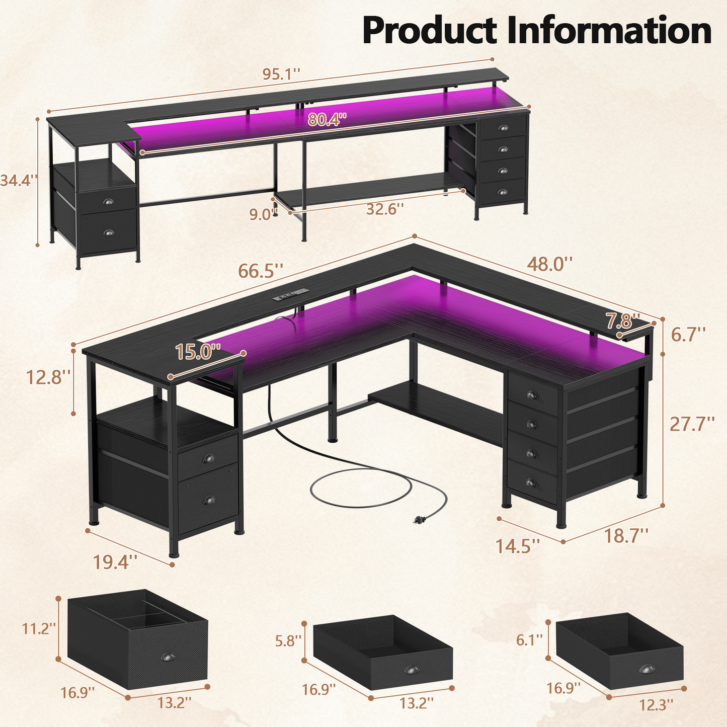 Sarifur L Shaped Computer Desk with Charging Station and LED Lights, 66 inch PC Table Study Desk 6 Drawers for Bedroom,Office Black