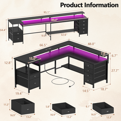 Sarifur L Shaped Computer Desk with Charging Station and LED Lights, 66 inch PC Table Study Desk 6 Drawers for Bedroom,Office Black