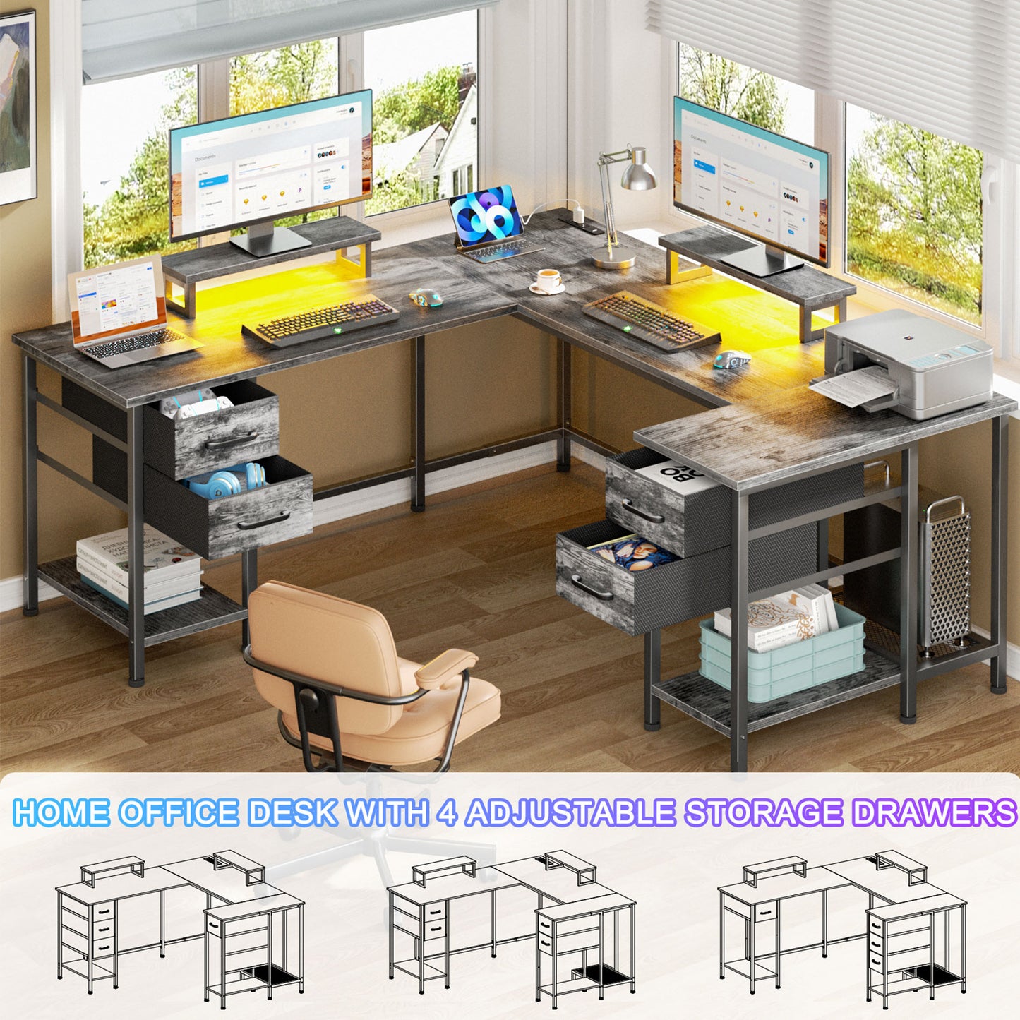 Satifur Computer Desk with Power Outlet & LED Light, Home Office Writting Desk for 2 Person 93" with Drawers & Monitor Stands, Grey