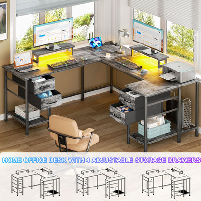 Satifur Computer Desk with Power Outlet & LED Light, Home Office Writting Desk for 2 Person 93" with Drawers & Monitor Stands, Grey