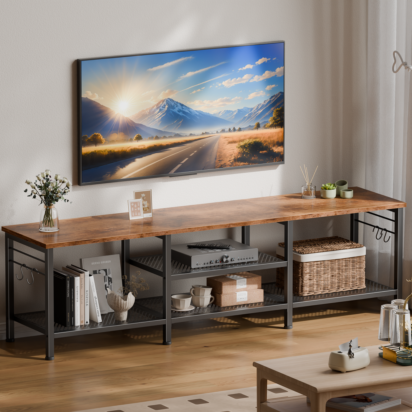 Tydimor Modern TV Stand for TVs up to 70" TVs, Media Console Table for Living Room, Entertainment Center with Storage, Rustic Brown