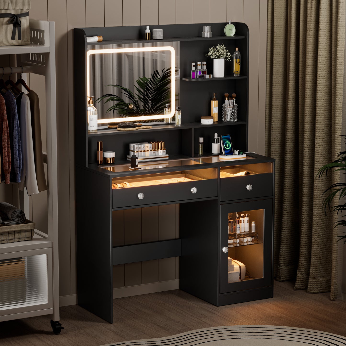 Satifur Modern LED Vanity Desk with Charging Station,Visible Tabletop & Storage, Black Makeup Table for Bedroom