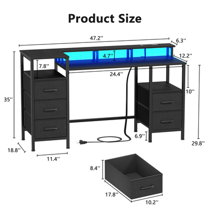 Satifur Gaming Desk with LED Lights & Power Outlets, 47" Computer Desk with 5 Fabric Drawers & Open Storage, Reversible Home Office Desk,Black