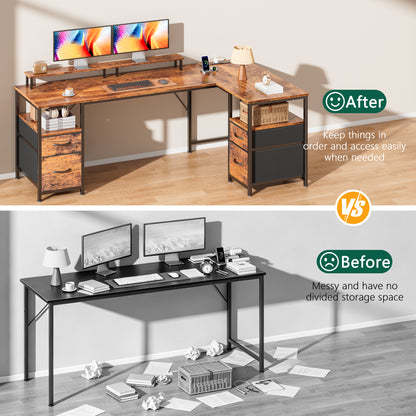 Satifur 65 Inch Reversible L Shaped Computer Desk with LED Lights & Outlets, Office Desk with 3 Drawers & 1 File Cabinet, Rustic Brown