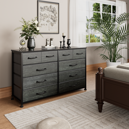Tydimor Fabric Storage Dresser with 10 Drawers for Bedroom, Modern Wide Chest for Living Room, Black Oak