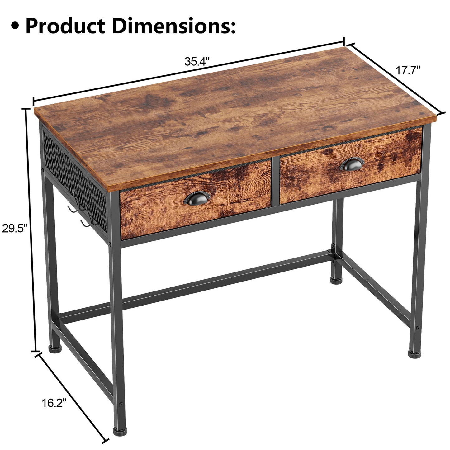 Satifur Computer Desk with Drawers & Hooks, 34" Writing Desk with 2 Fabric Drawers for Bedroom, Rustic Brown