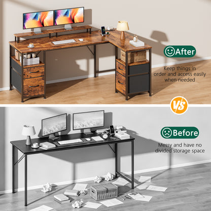 Satifur 57 Inch Reversible L Shaped Computer Desk with LED Lights & Outlets, Office Desk with 3 Drawers & 1 File Cabinet, Rustic Brown