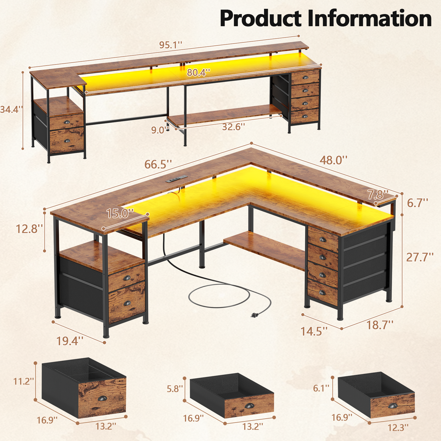 Sarifur L Shaped Computer Desk with Charging Station and LED Lights, 66 inch PC Table Study Desk 6 Drawers for Bedroom,Office Rustic Brown