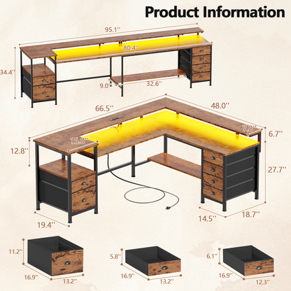 Sarifur L Shaped Computer Desk with Charging Station and LED Lights, 66 inch PC Table Study Desk 6 Drawers for Bedroom,Office Rustic Brown
