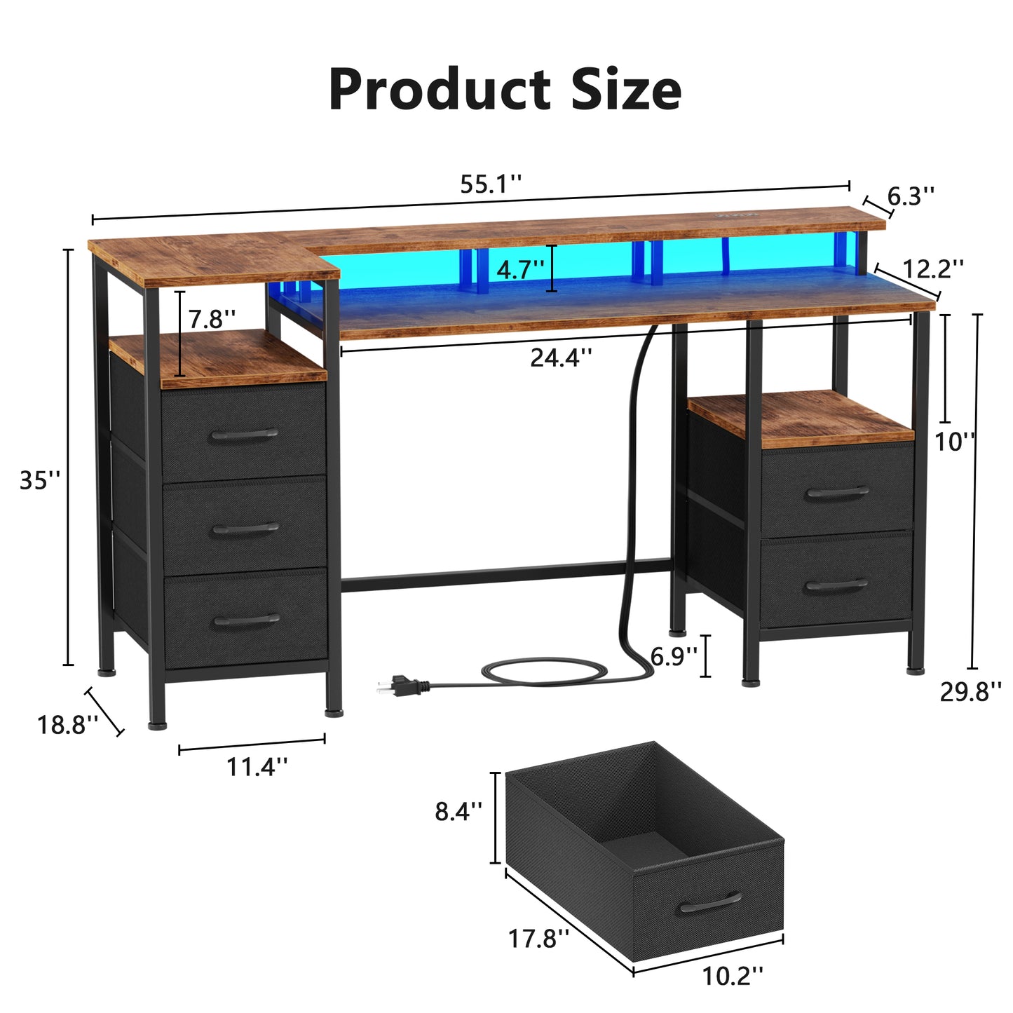 Satifur Gaming Desk with LED Lights & Power Outlets, 55" Computer Desk with 5 Fabric Drawers & Open Storage, Reversible Home Office Desk,retro Brown