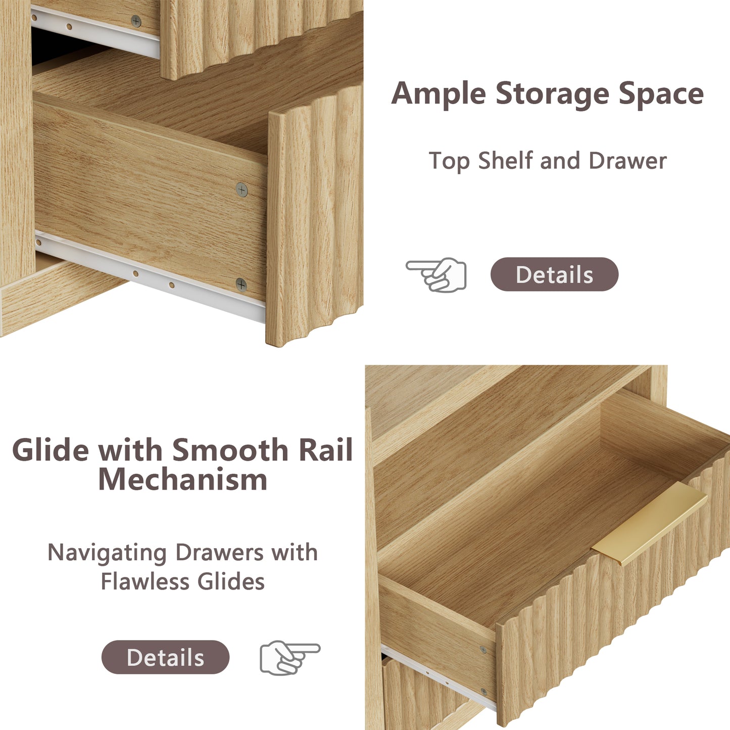 Satifur Modern Fluted Nightstand Set of 2 with Charging Station & 2 Storage Drawer for Bedroom
