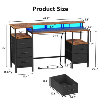 Satifur Gaming Desk with LED Lights & Power Outlets, 47" Computer Desk with 5 Fabric Drawers & Open Storage, Reversible Home Office Desk,Retro Brown